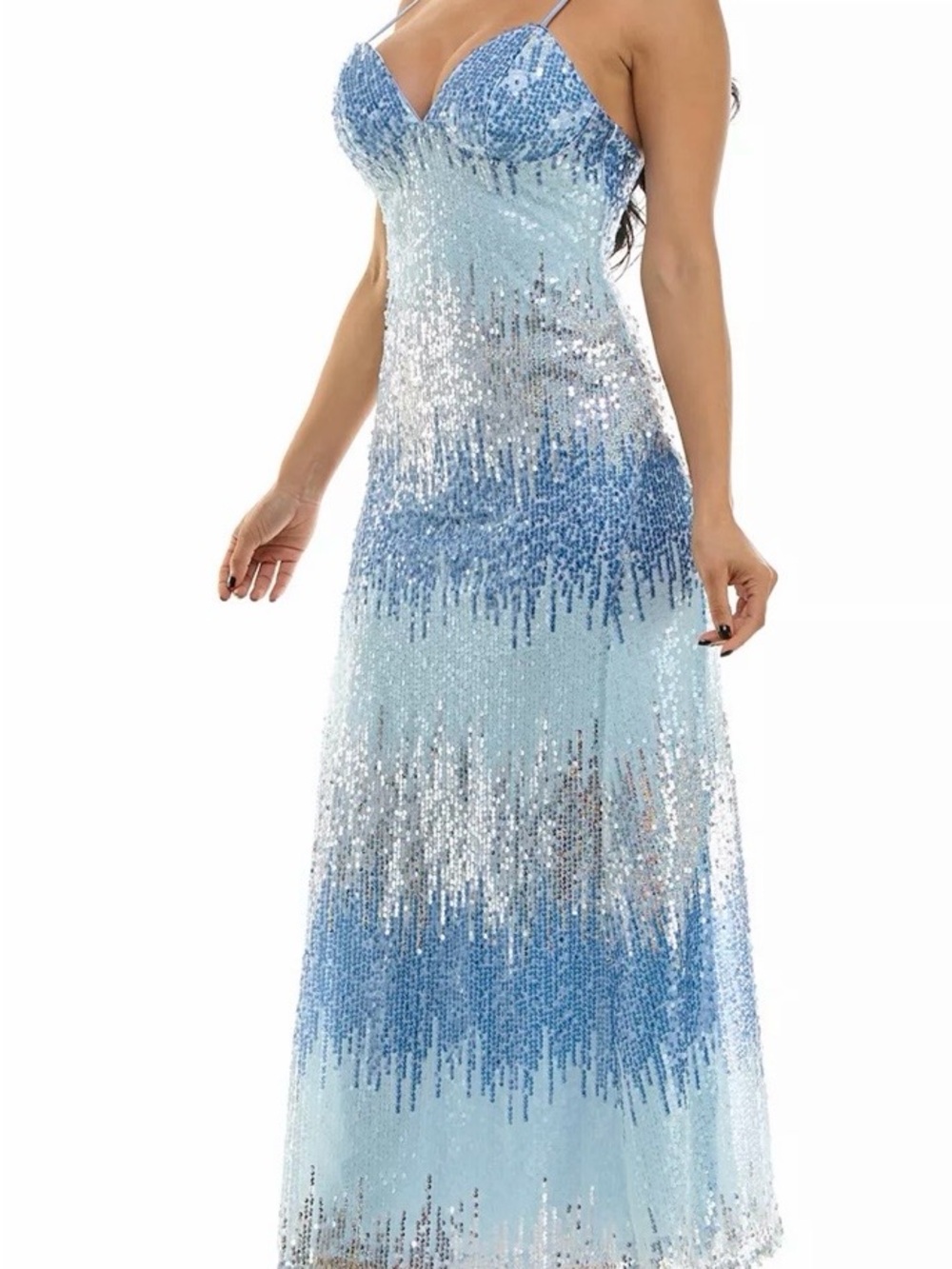 Light Blue Ombre Sequin Maxi Dress with Spaghetti Straps